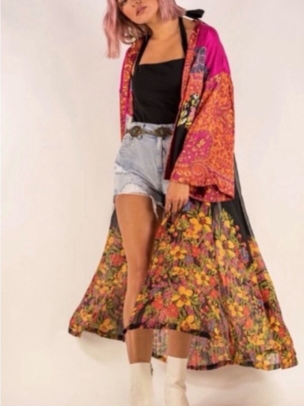 Free People Pink & Multi Floral Long Kimono Cardigan